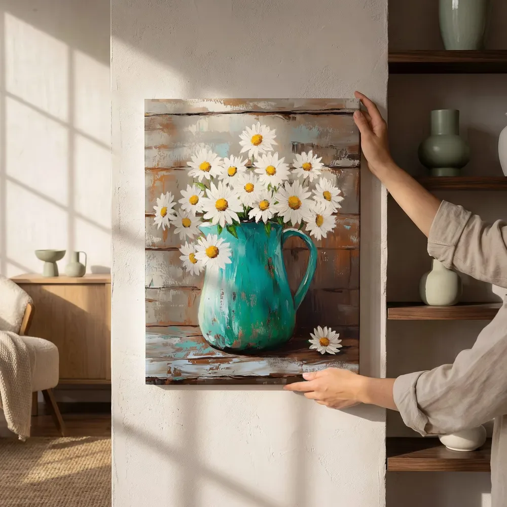 Sfeerimpressie: Witte madeliefjes in turquoise kan naast de kast