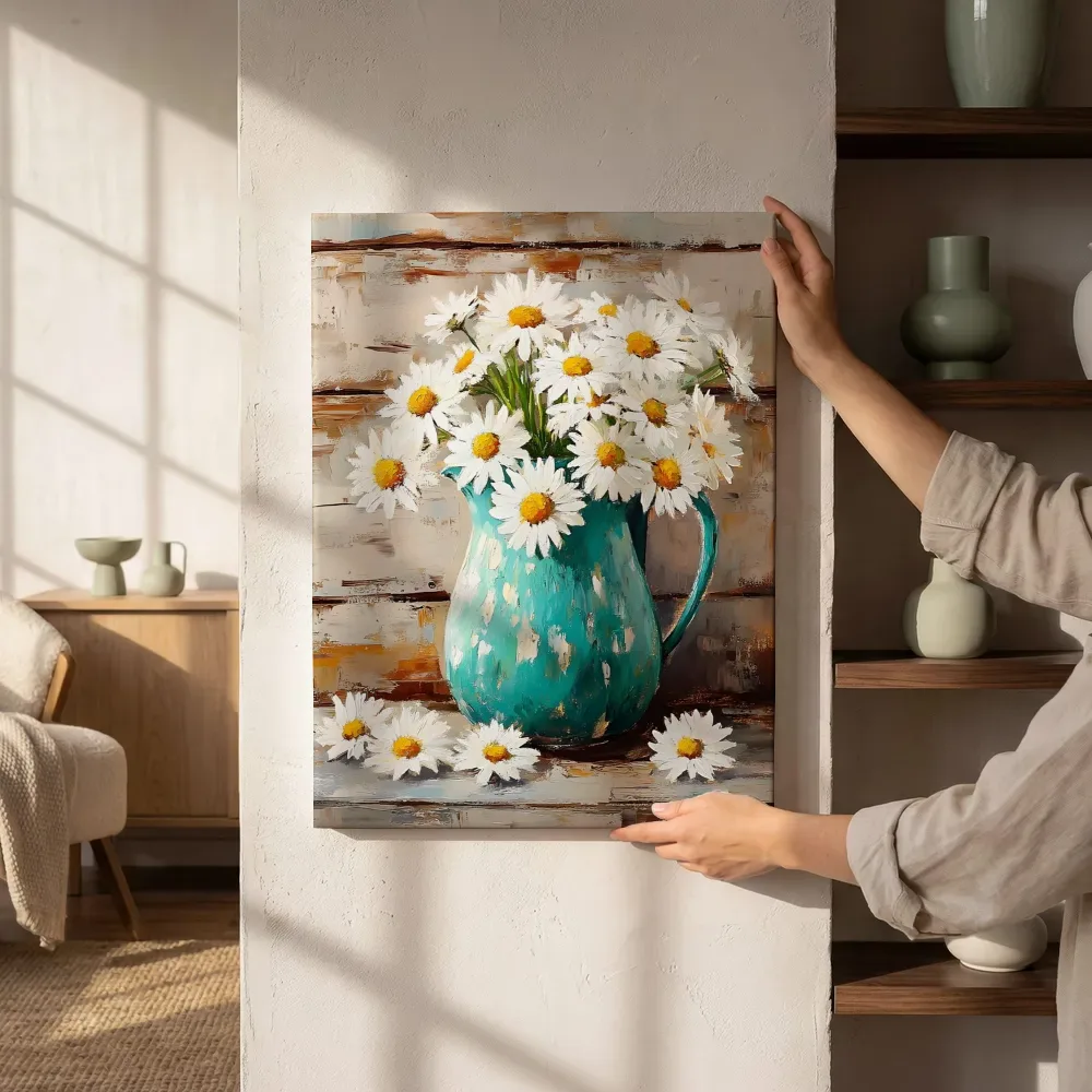 Sfeerimpressie: Witte madeliefjes in turquoise kan II naast de kast