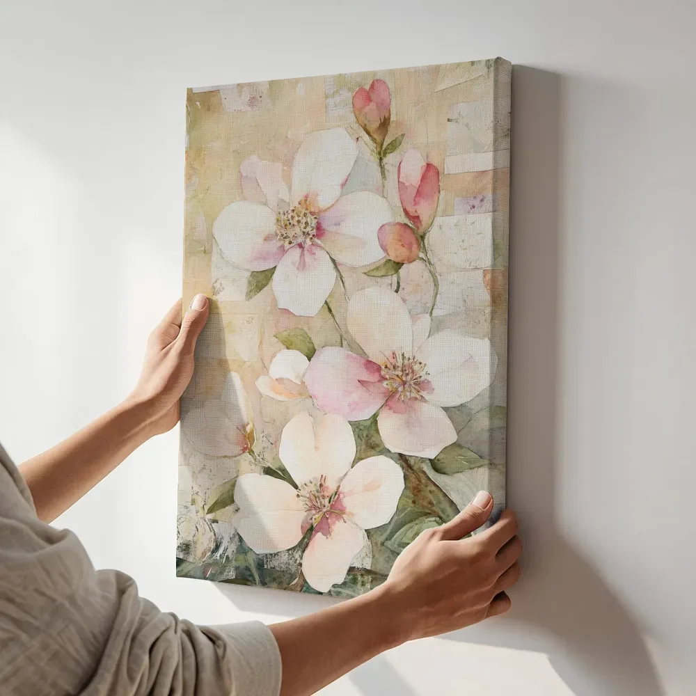 Sfeerimpressie: Witte magnolia collage terwijl het aan de muur wordt gehangen