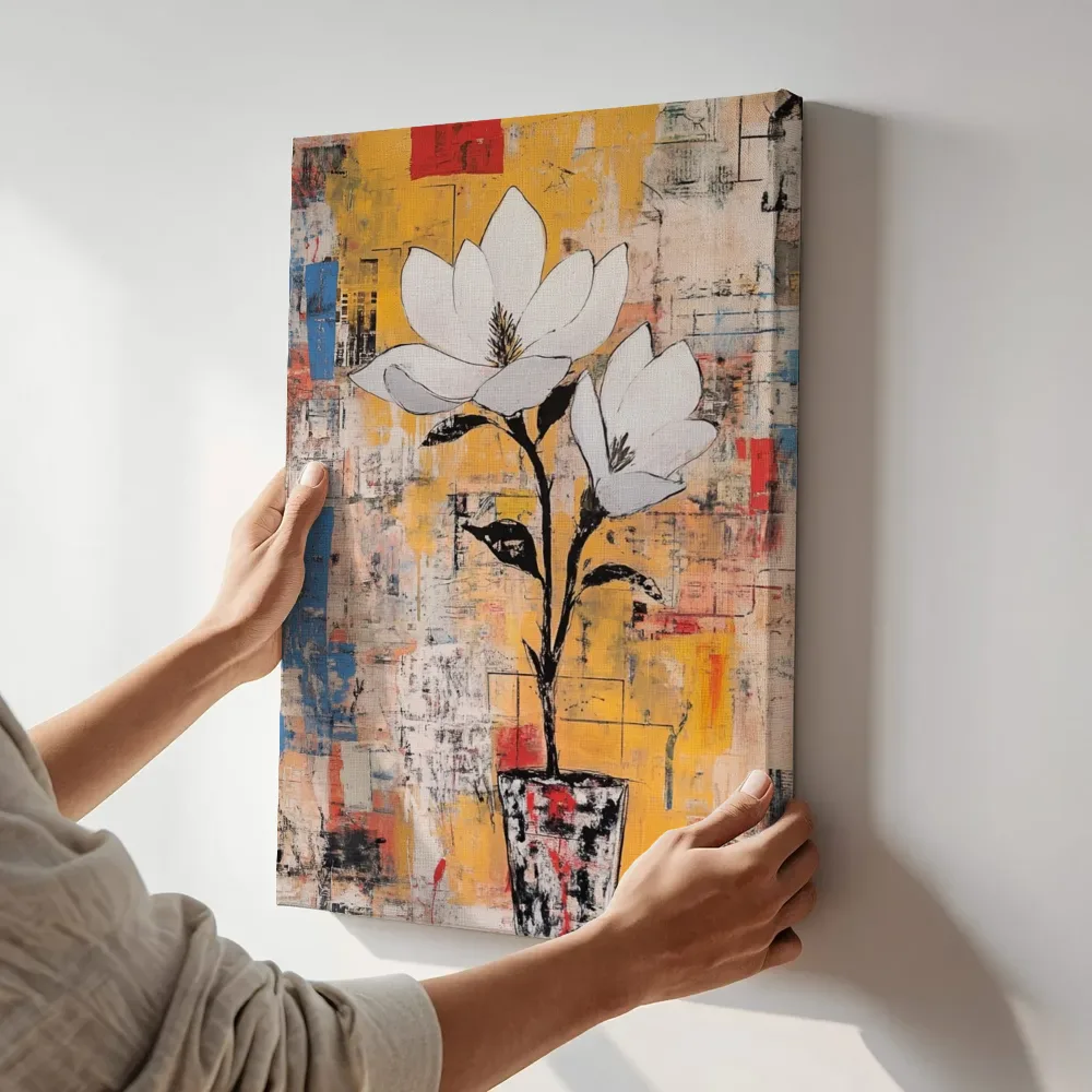Sfeerimpressie: Witte magnolia in pot terwijl het aan de muur wordt gehangen