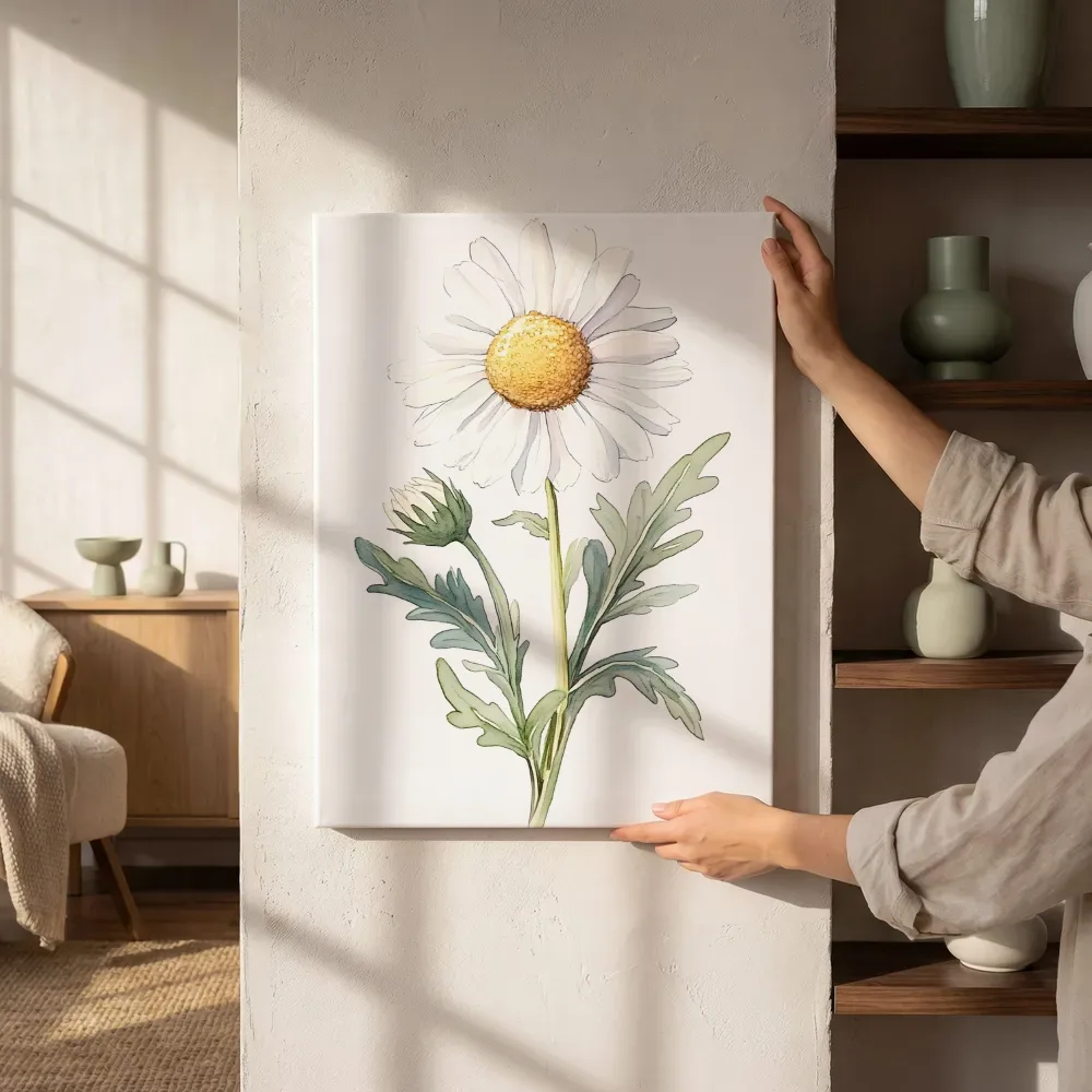 Sfeerimpressie: Witte margriet aquarel naast de kast