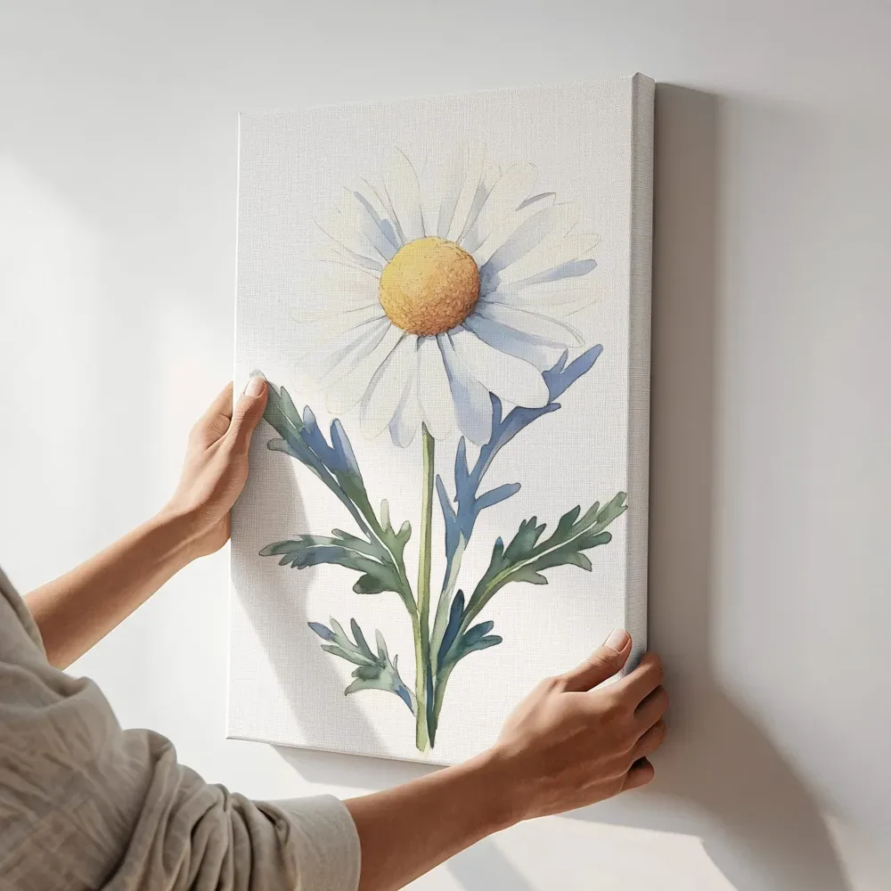 Sfeerimpressie: Witte margriet in bloei terwijl het aan de muur wordt gehangen