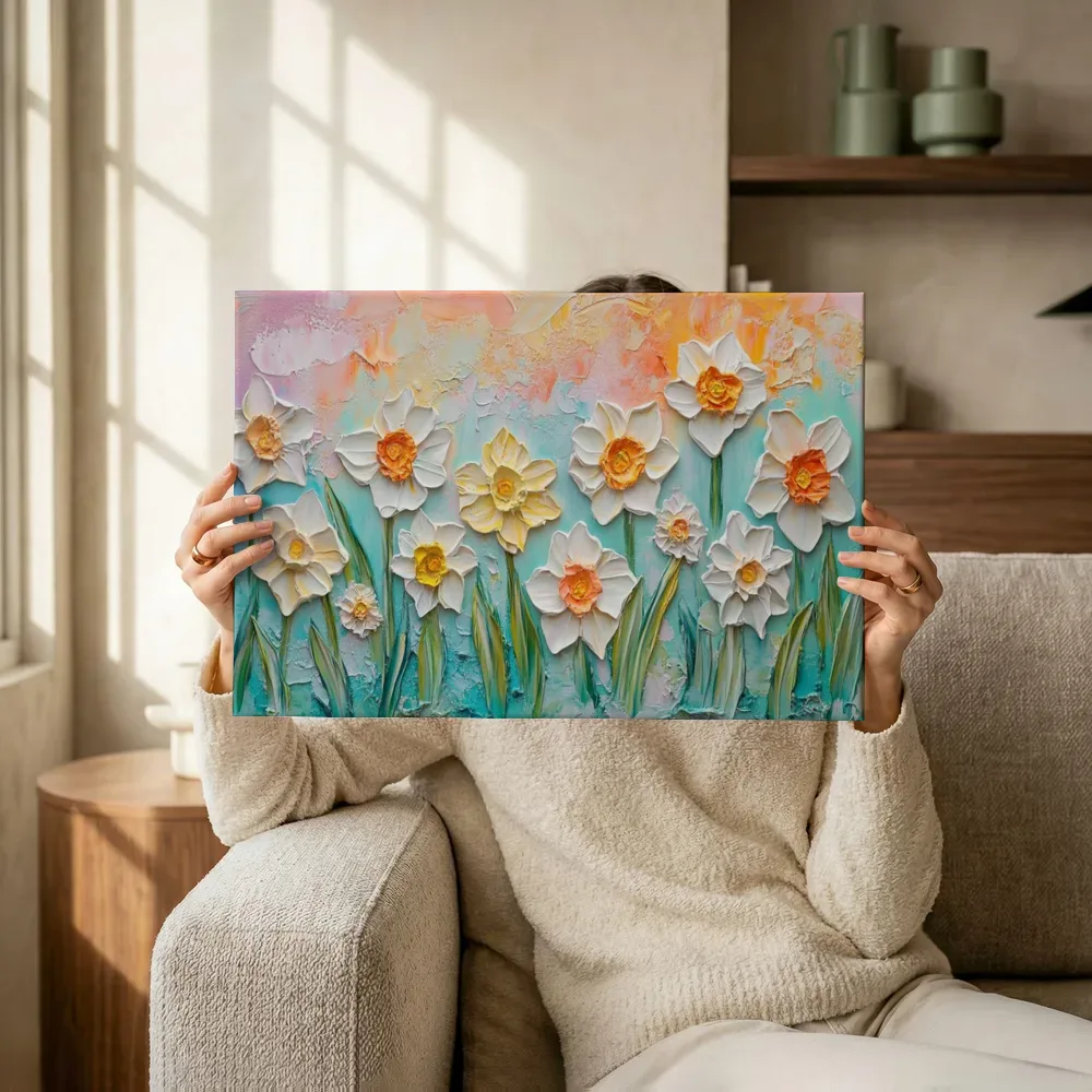 Sfeerimpressie: Witte narcissen schilderij terwijl het omhoog wordt gehouden