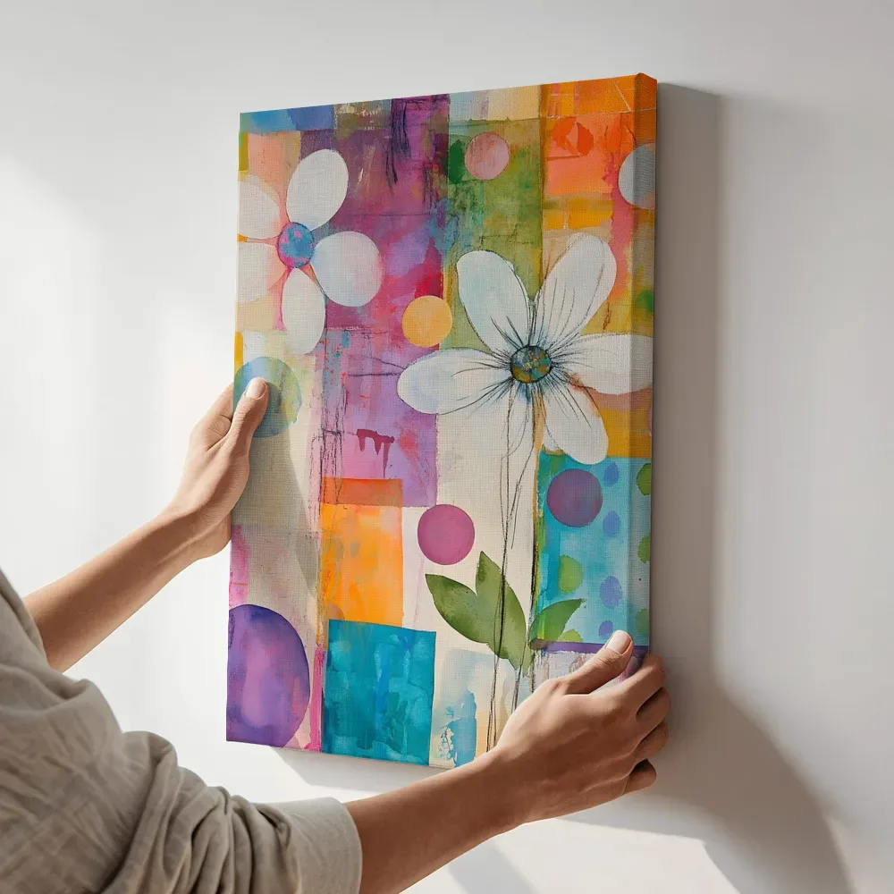 Sfeerimpressie: Witte paarse bloemen strepen terwijl het aan de muur wordt gehangen