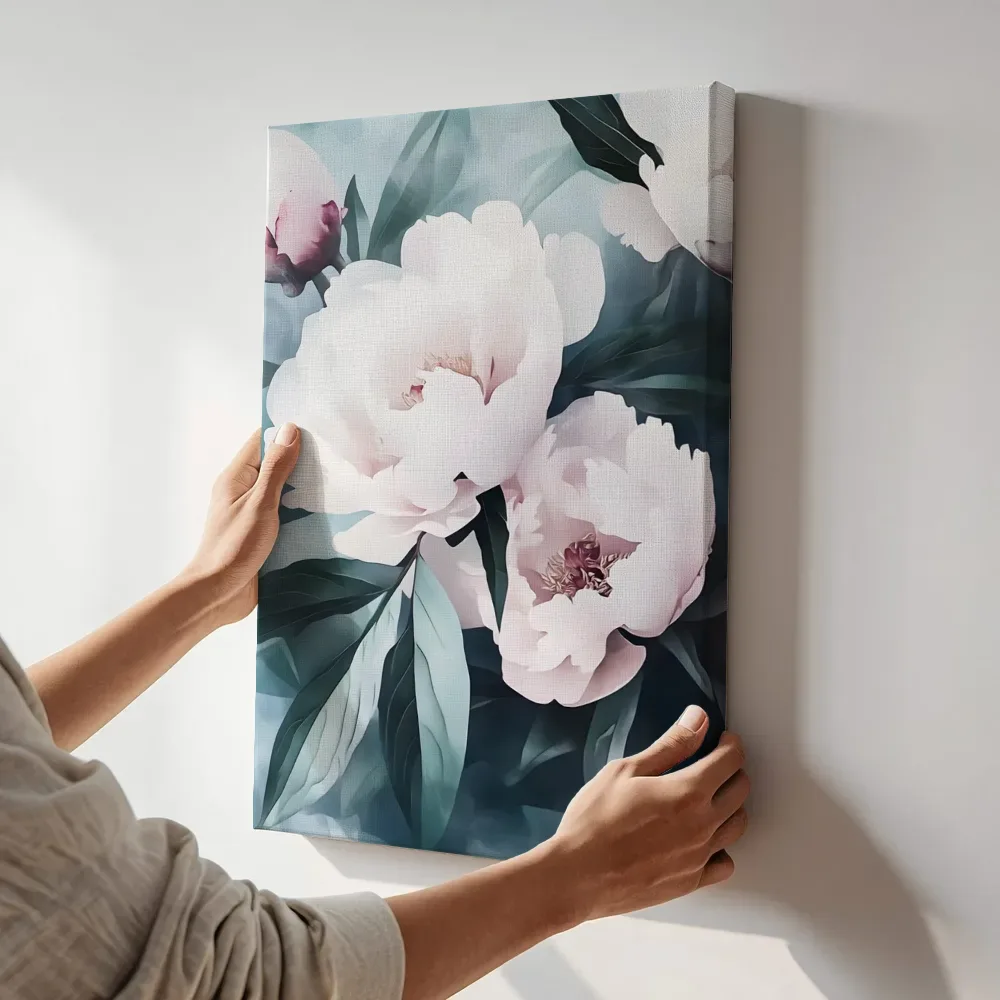 Sfeerimpressie: Witte pioenroos close-up terwijl het aan de muur wordt gehangen