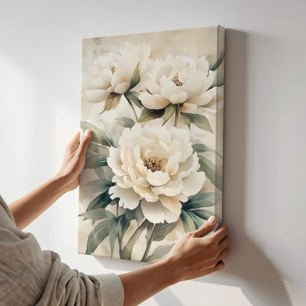 Sfeerimpressie: Witte pioenrozen boeket voluit in bloei terwijl het aan de muur wordt gehangen