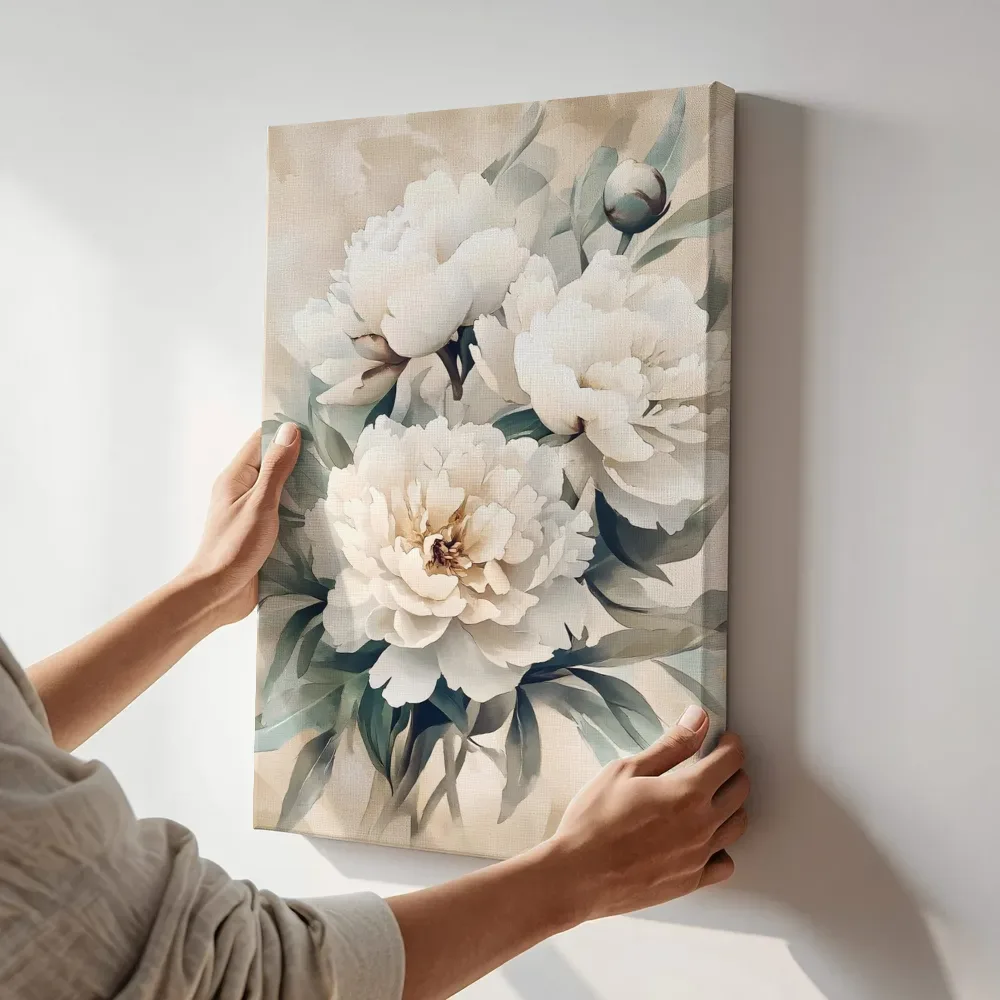 Sfeerimpressie: Witte pioenrozen boeket met knop terwijl het aan de muur wordt gehangen
