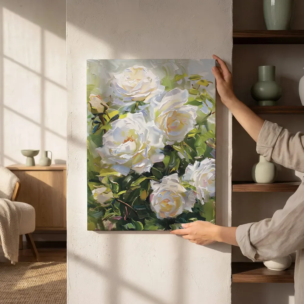 Sfeerimpressie: Witte rozen in bloei naast de kast