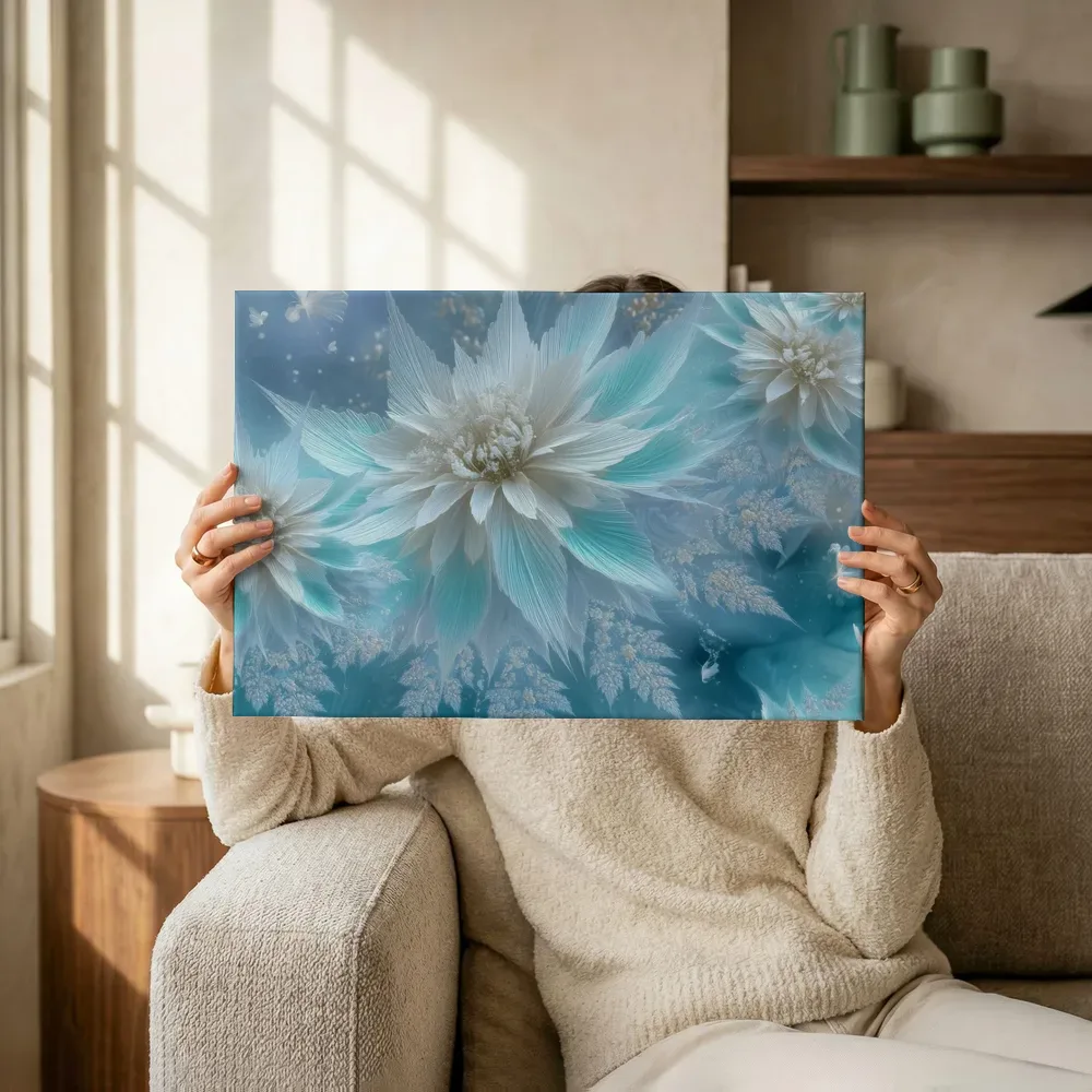 Sfeerimpressie: Witte sterbloemen in turkooizen nevel terwijl het omhoog wordt gehouden