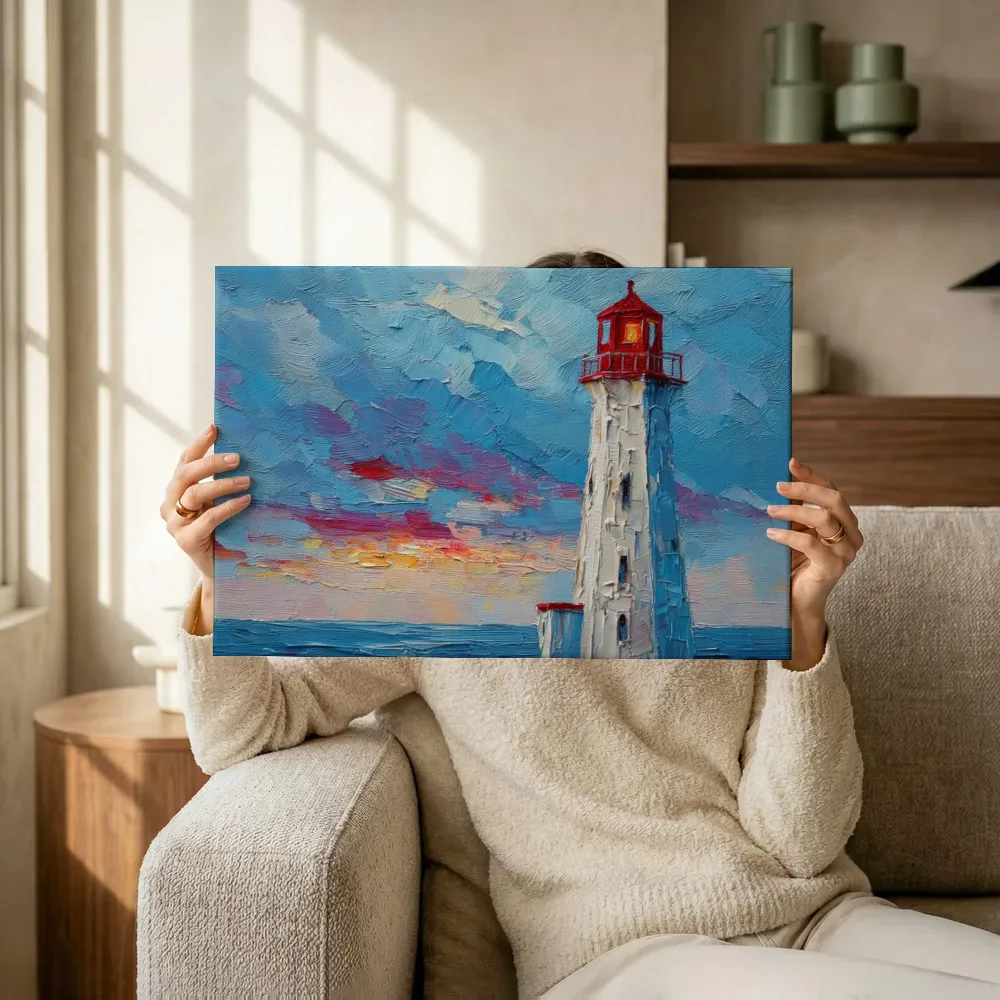 Sfeerimpressie: Witte vuurtoren met rode lantaarnkamer terwijl het omhoog wordt gehouden