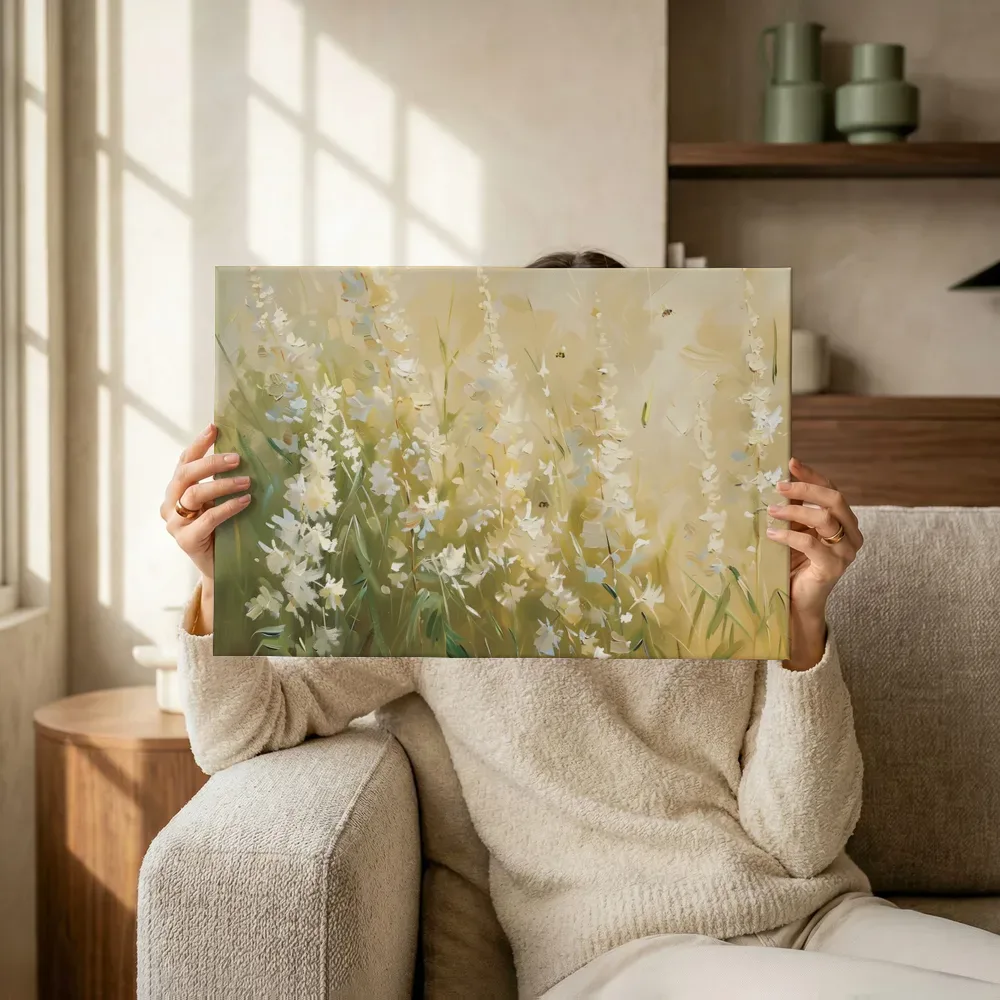 Sfeerimpressie: Witte wilde bloemen in het veld terwijl het omhoog wordt gehouden