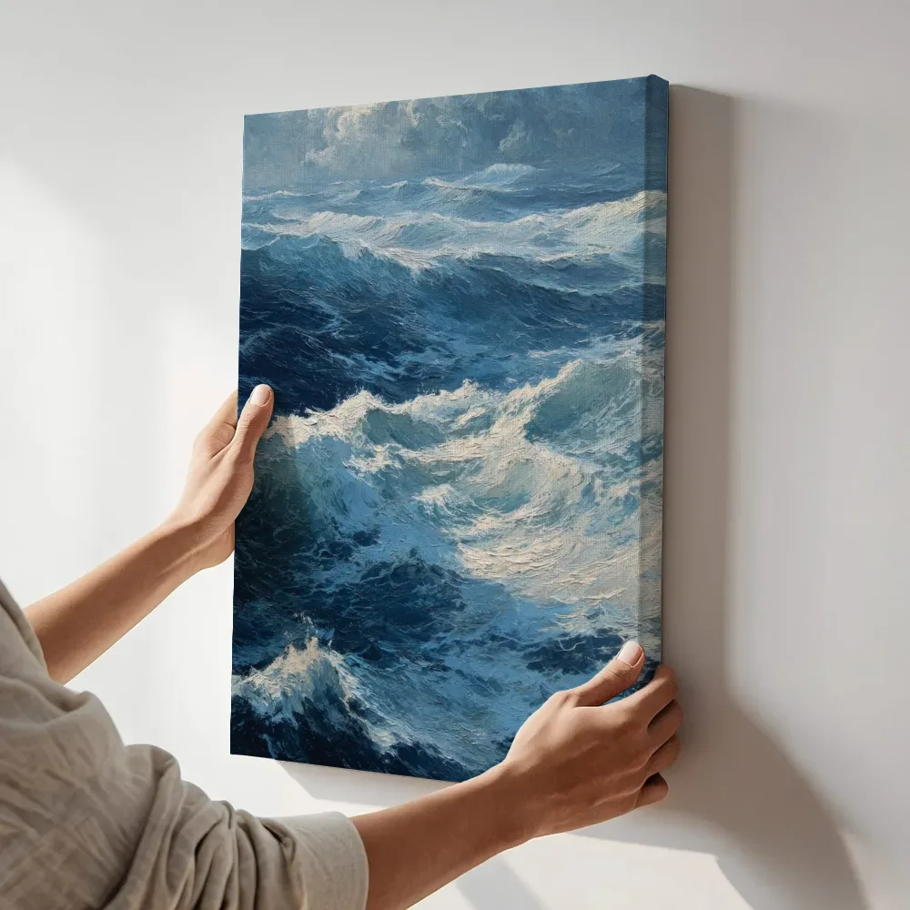 Sfeerimpressie: Woeste golven in turkoois terwijl het aan de muur wordt gehangen