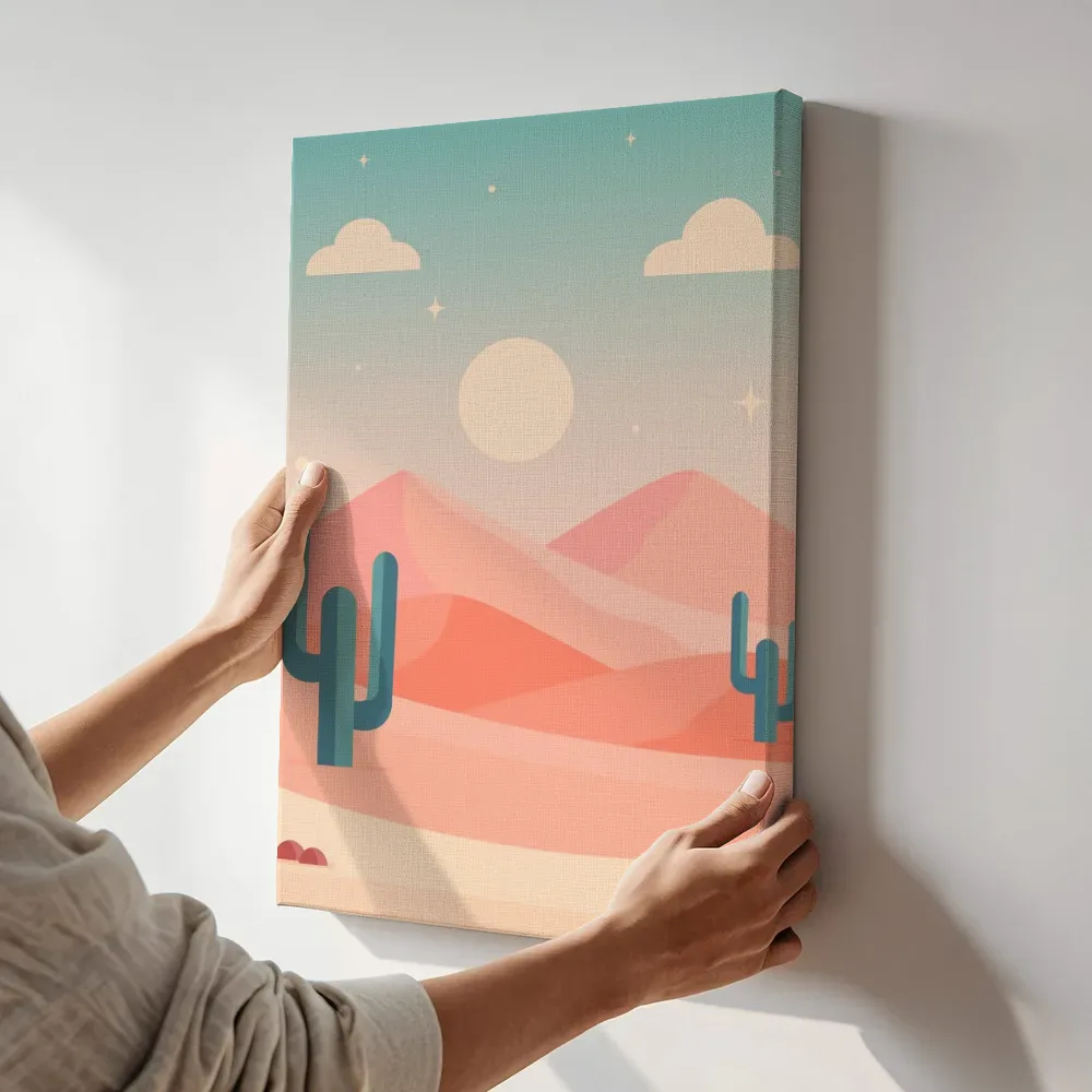 Sfeerimpressie: Woestijnlandschap met cactussen bij zonsondergang terwijl het aan de muur wordt gehangen