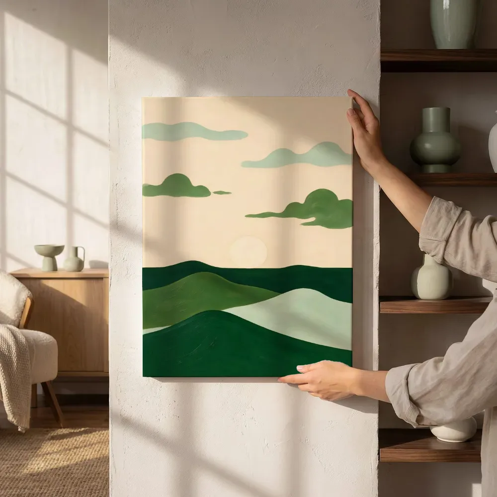 Sfeerimpressie: Woestijnlandschap Textured Minimalism in bosgroen 2 naast de kast