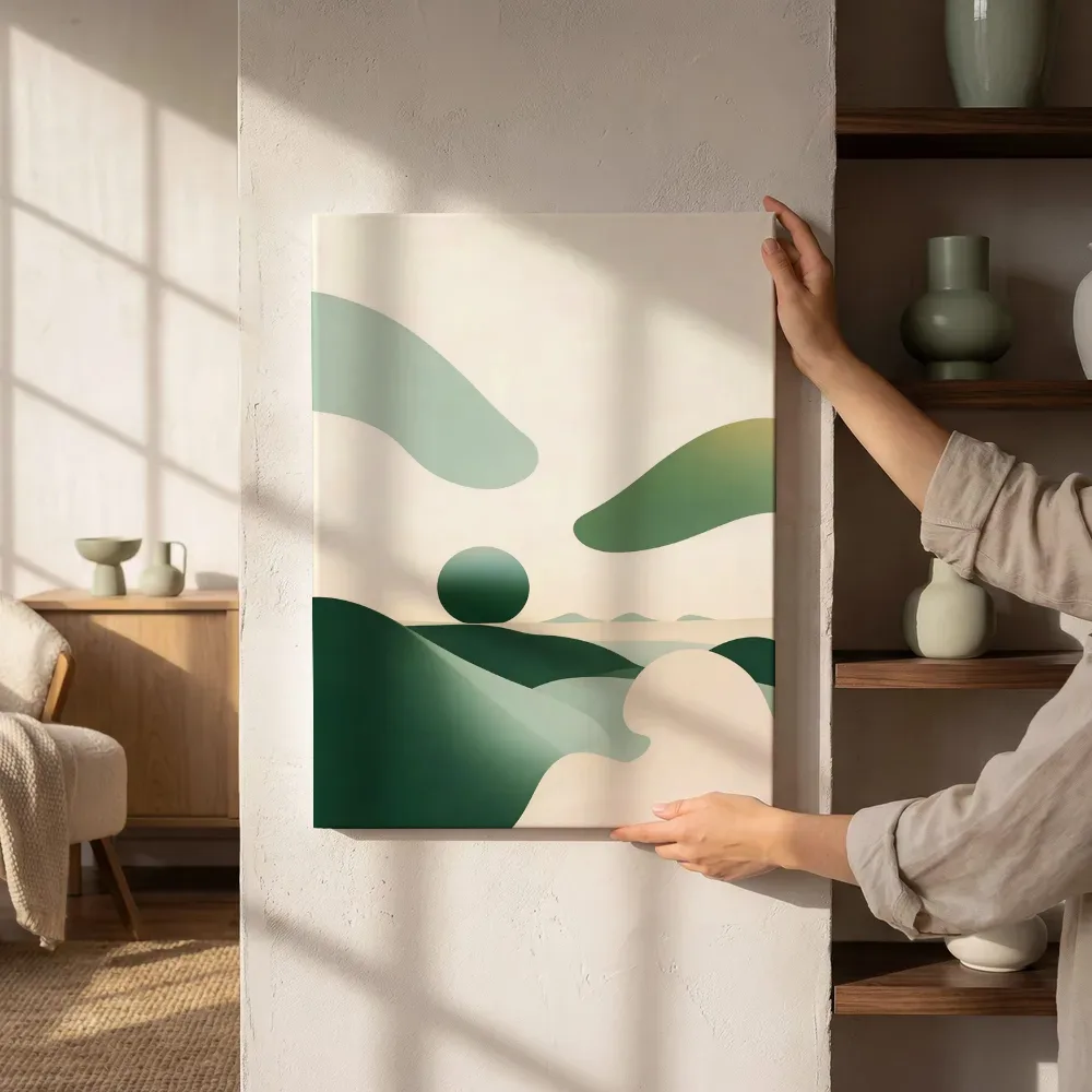 Sfeerimpressie: Woestijnlandschap Textured Minimalism in bosgroen naast de kast