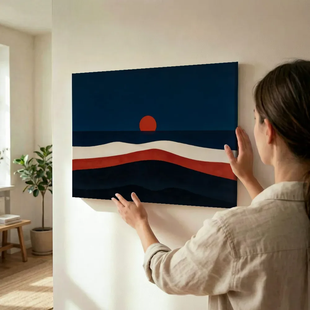 Sfeerimpressie: Woestijnlandschap Textured Minimalism in inktzwart terwijl het wordt opgehangen