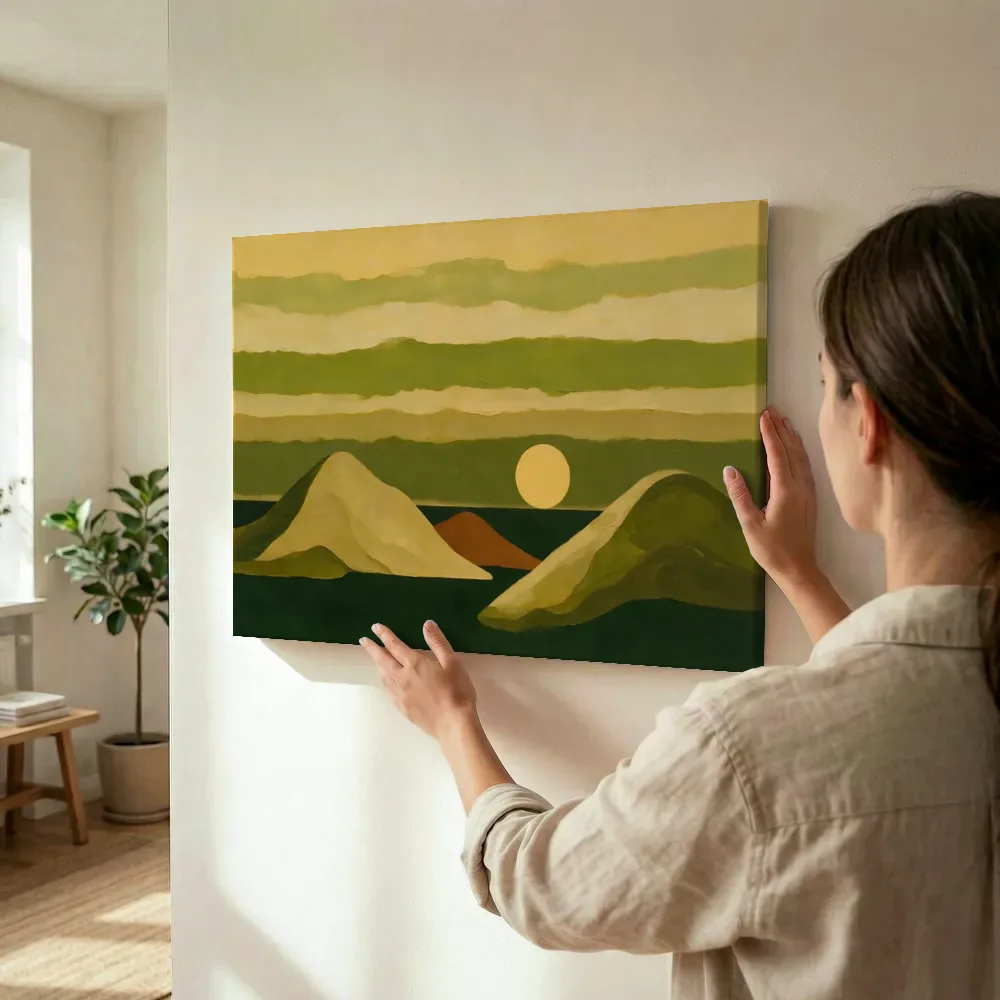 Sfeerimpressie: Woestijnlandschap Textured Minimalism in olijfgroen 2 terwijl het wordt opgehangen
