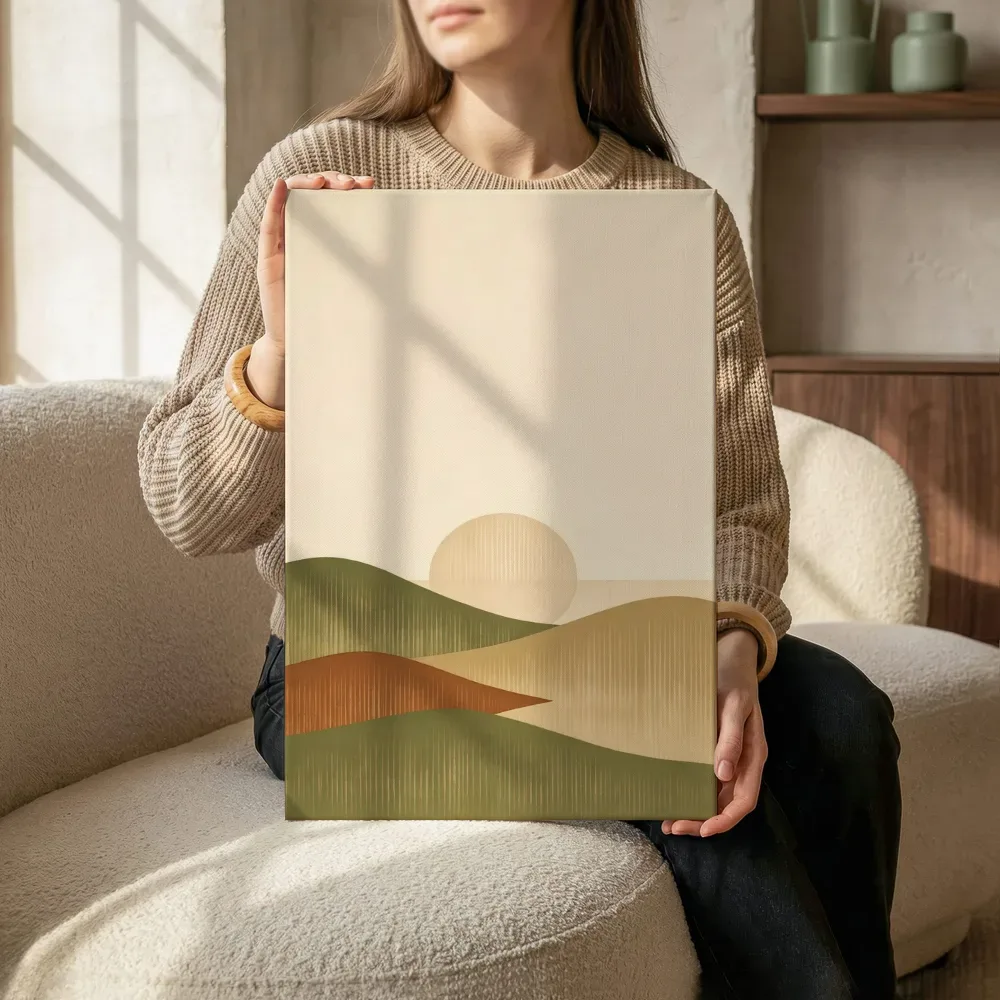 Sfeerimpressie: Woestijnlandschap Textured Minimalism in olijfgroen 3 terwijl het zittend wordt getoond