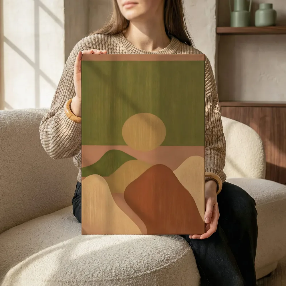 Sfeerimpressie: Woestijnlandschap Textured Minimalism in olijfgroen terwijl het zittend wordt getoond