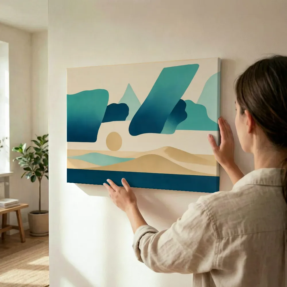 Sfeerimpressie: Woestijnlandschap Textured Minimalism in zeeblauw 2 terwijl het wordt opgehangen