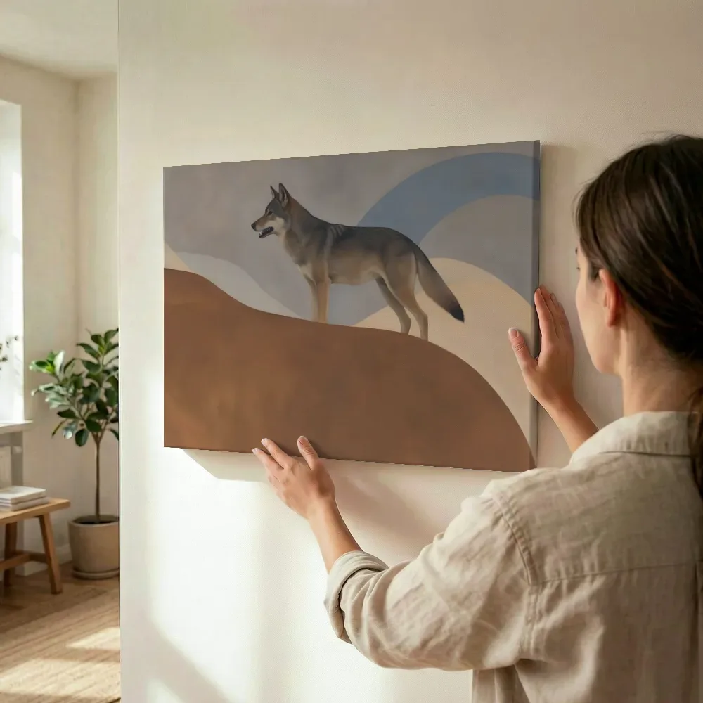 Sfeerimpressie: Wolf in kaneel en duifgrijs terwijl het wordt opgehangen
