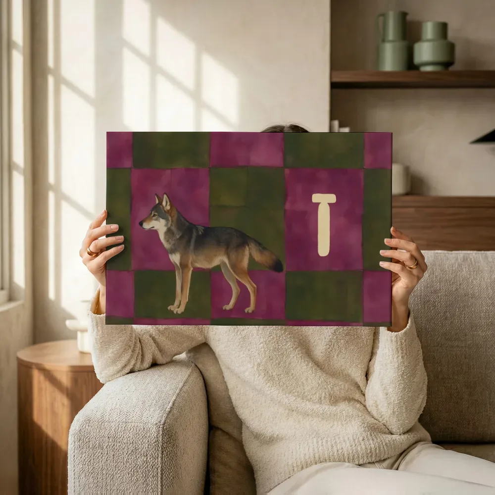 Sfeerimpressie: Wolf in magenta en olijfgroen terwijl het omhoog wordt gehouden