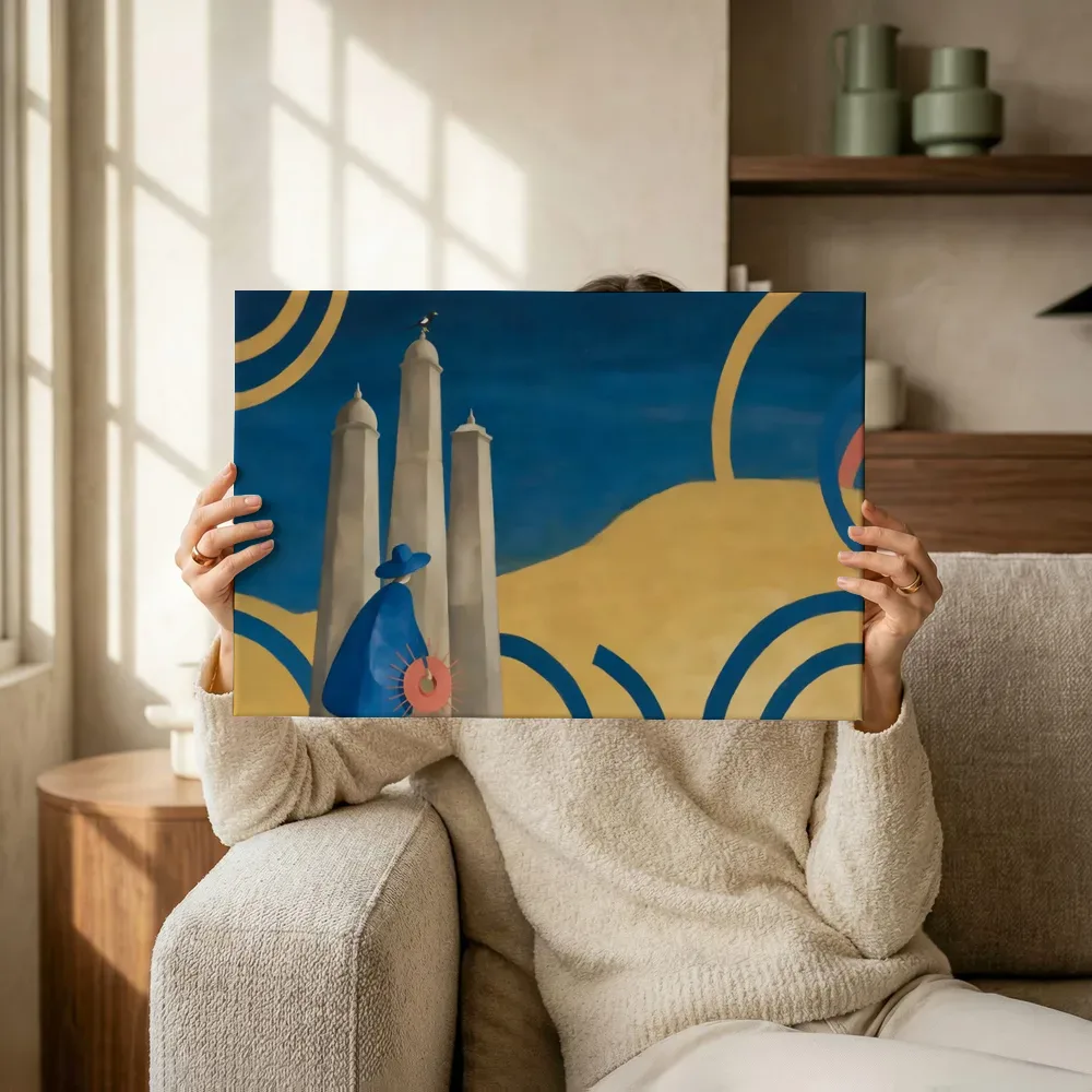Sfeerimpressie: Wolkenkrabber in delftsblauw en mosterd terwijl het omhoog wordt gehouden