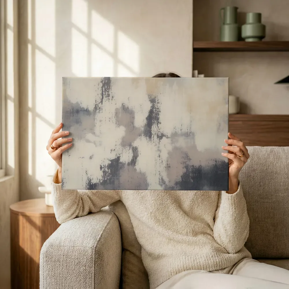 Sfeerimpressie: Wolkige abstractie in beige en grijs terwijl het omhoog wordt gehouden