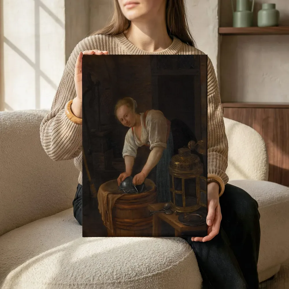 Sfeerimpressie: Vrouw die metaalwerk schuurt van Jan Steen terwijl het zittend wordt getoond