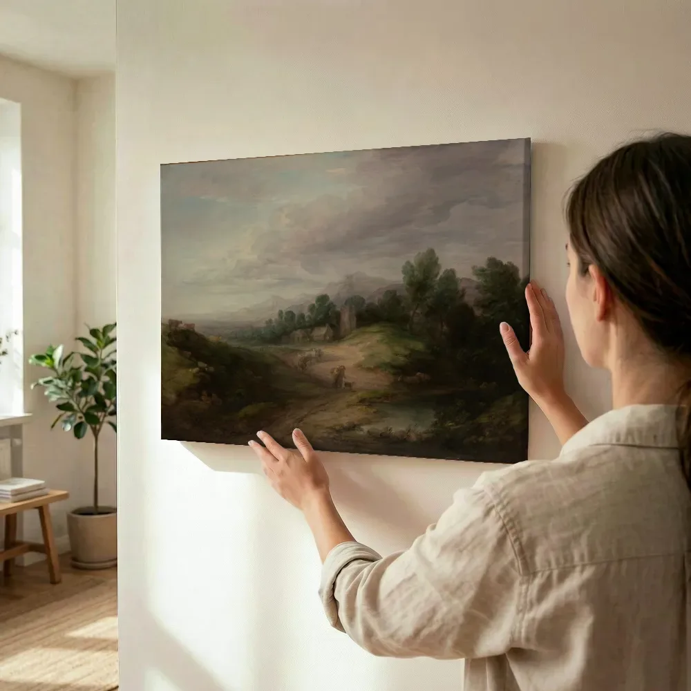 Sfeerimpressie: Bosrijk heuvellandschap van Thomas Gainsborough terwijl het wordt opgehangen