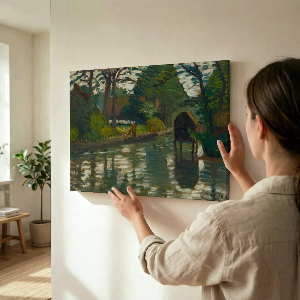 Sfeerimpressie: Wümme met schuitenvaarder van Otto Modersohn terwijl het wordt opgehangen
