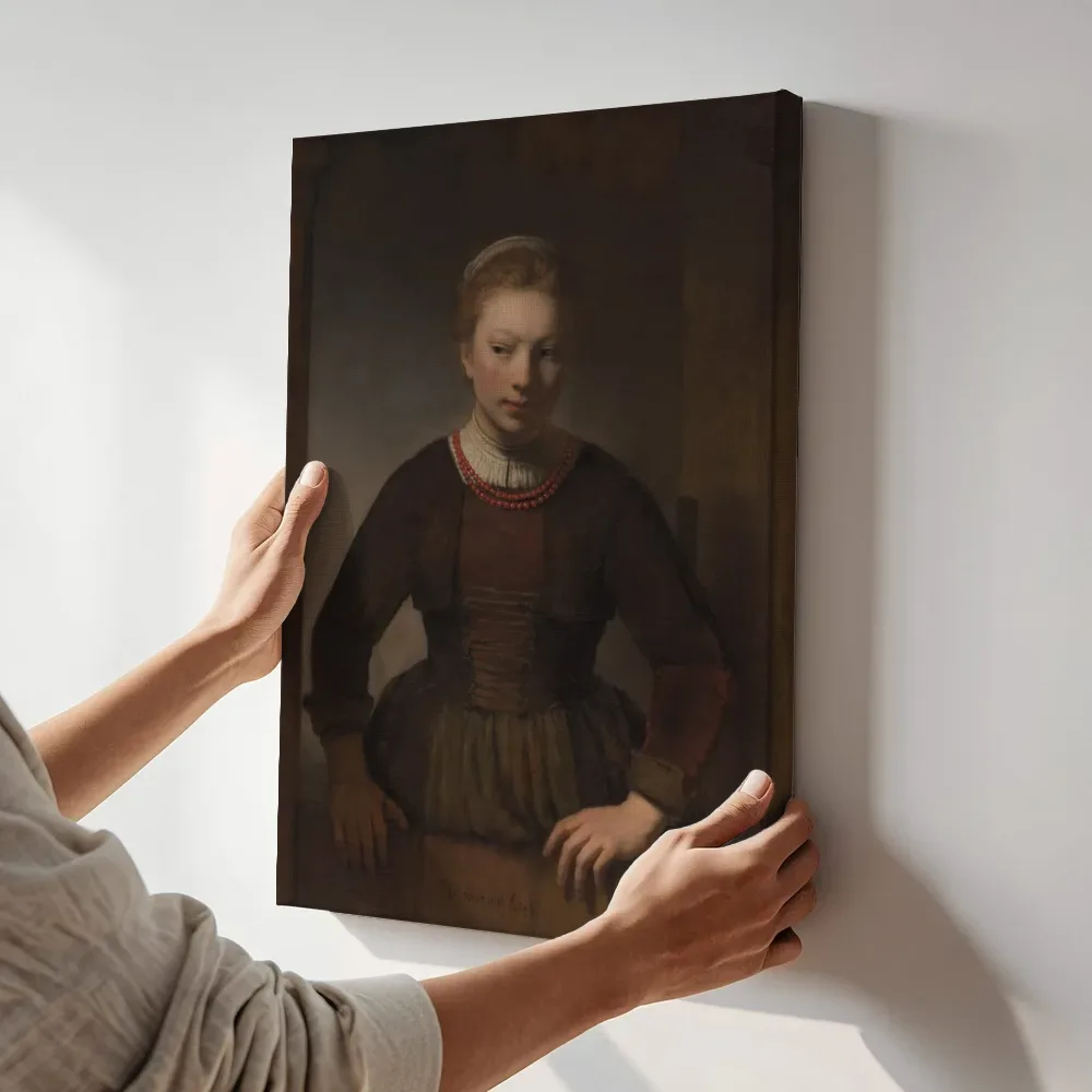 Sfeerimpressie: Jonge vrouw bij een open onderdeur van Rembrandt van Rijn terwijl het aan de muur wordt gehangen