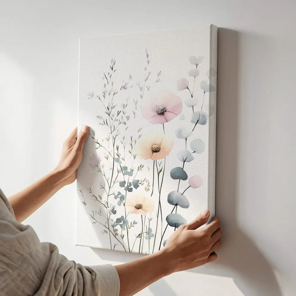 Sfeerimpressie: Zachte klaprozen met eucalyptus terwijl het aan de muur wordt gehangen