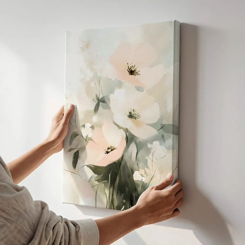 Sfeerimpressie: Zachte pastel anemonen terwijl het aan de muur wordt gehangen