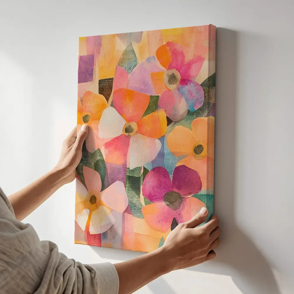 Sfeerimpressie: Zachte pastel bloemencollage terwijl het aan de muur wordt gehangen