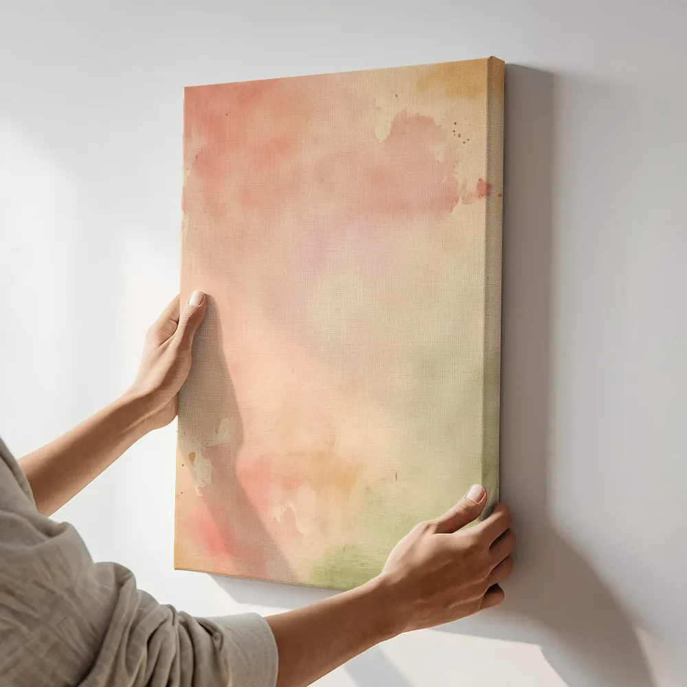 Sfeerimpressie: Zachte pastel waterverf terwijl het aan de muur wordt gehangen