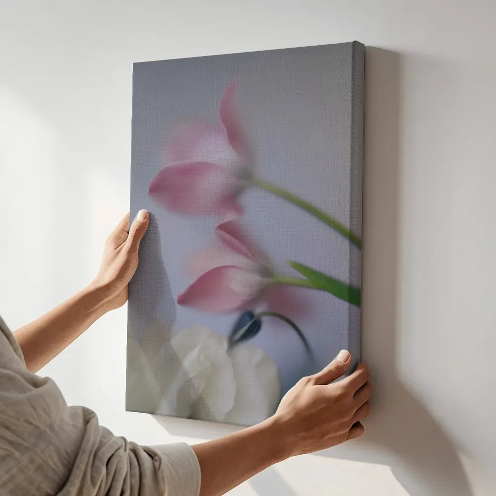 Sfeerimpressie: Zachte roze anemoon in bloei terwijl het aan de muur wordt gehangen