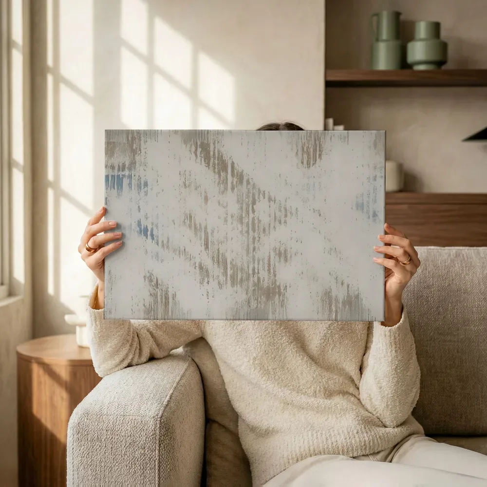 Sfeerimpressie: Zachte verticale strepen in beige en blauw terwijl het omhoog wordt gehouden