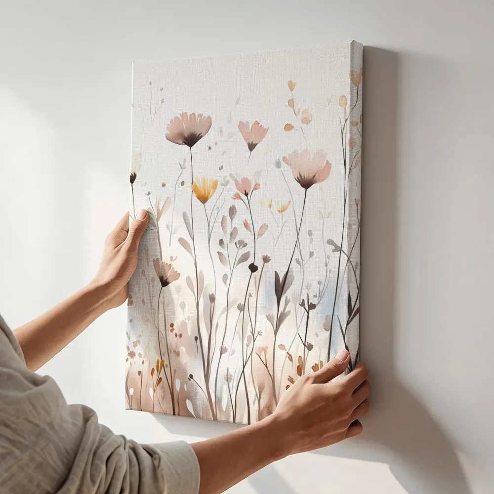 Sfeerimpressie: Zachtroze bloemenveld terwijl het aan de muur wordt gehangen