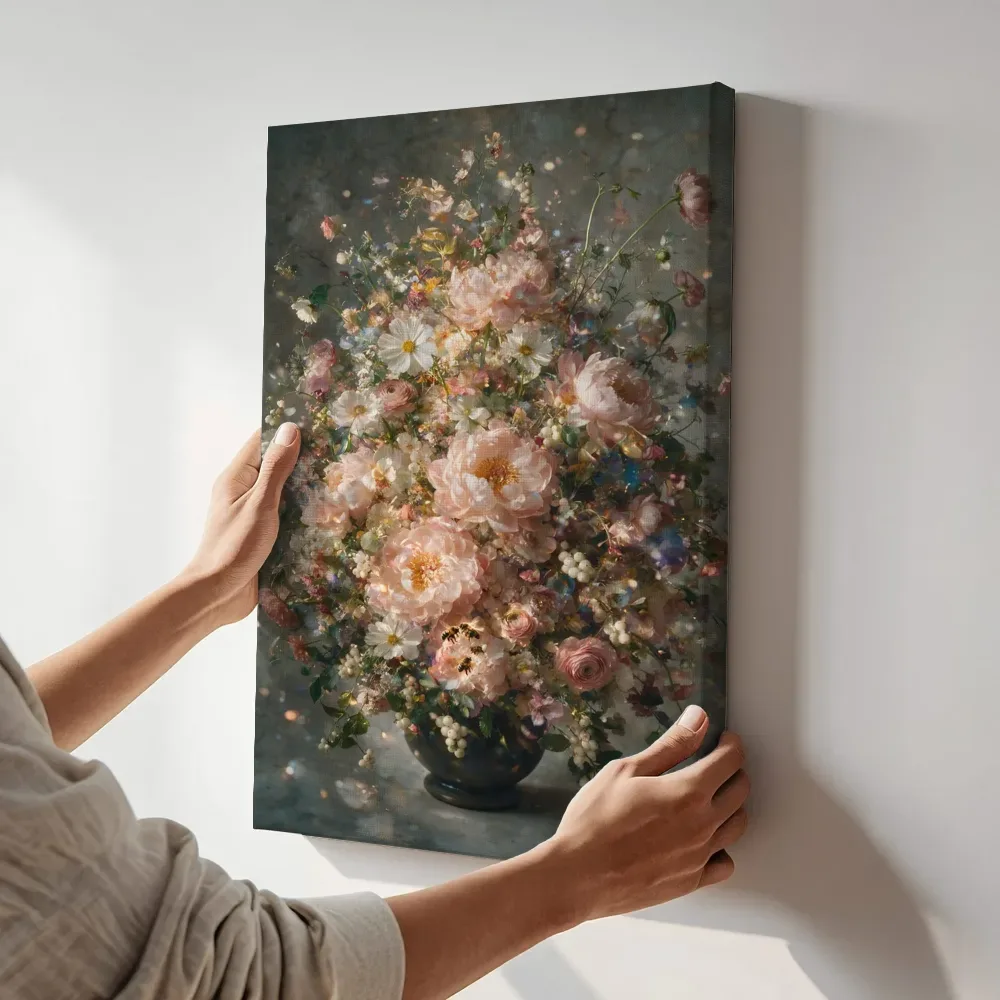 Sfeerimpressie: Zachtroze boeket in een schaal terwijl het aan de muur wordt gehangen