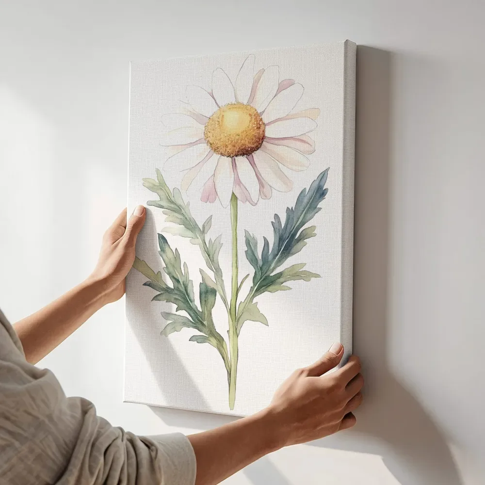 Sfeerimpressie: Zachtroze margriet aquarel terwijl het aan de muur wordt gehangen