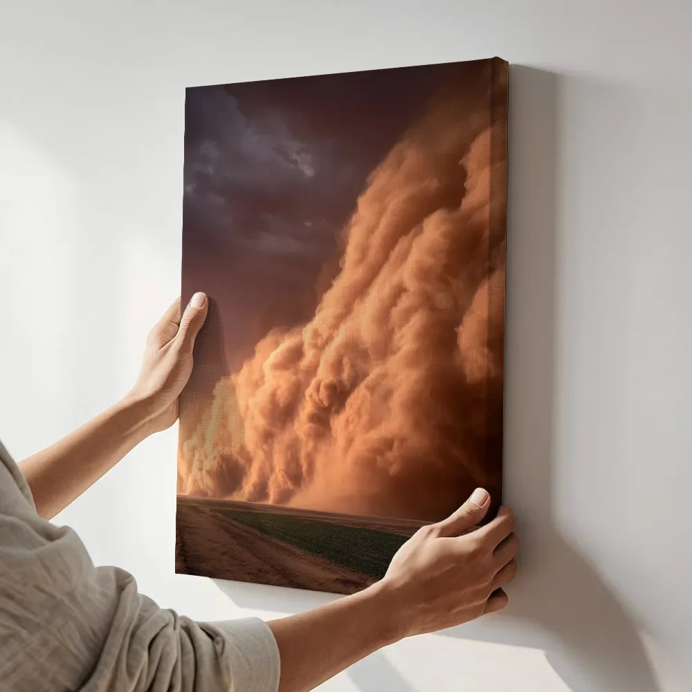 Sfeerimpressie: Zandstorm boven een groen akkerland terwijl het aan de muur wordt gehangen