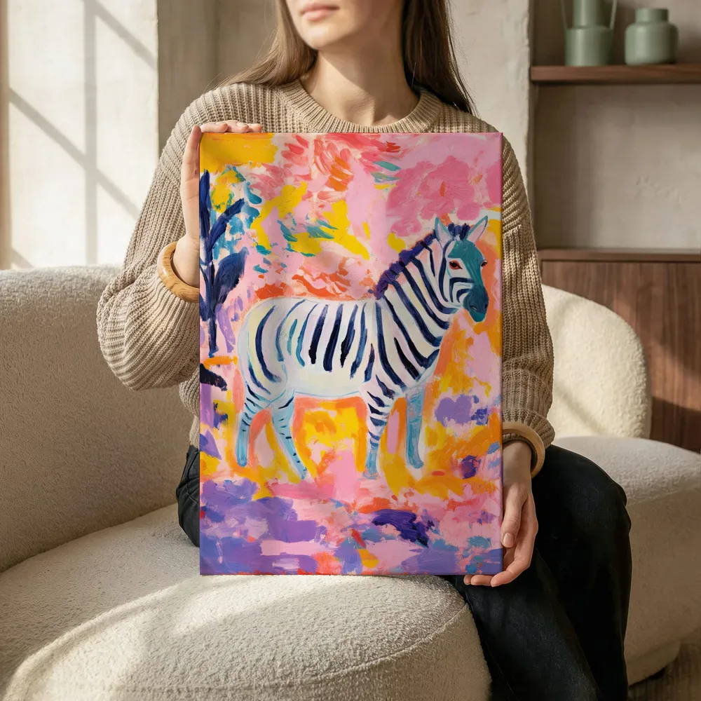 Sfeerimpressie: Zebra in tropisch kleurenpalet terwijl het zittend wordt getoond