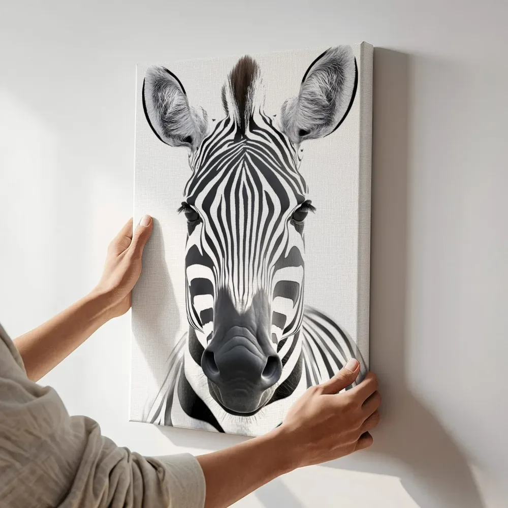 Sfeerimpressie: Realistisch zebra portret van voren terwijl het aan de muur wordt gehangen