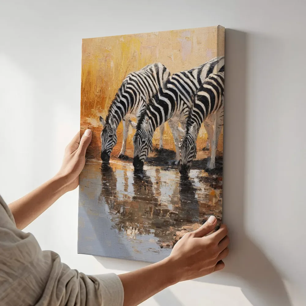 Sfeerimpressie: Zebra's bij drinkplaats terwijl het aan de muur wordt gehangen