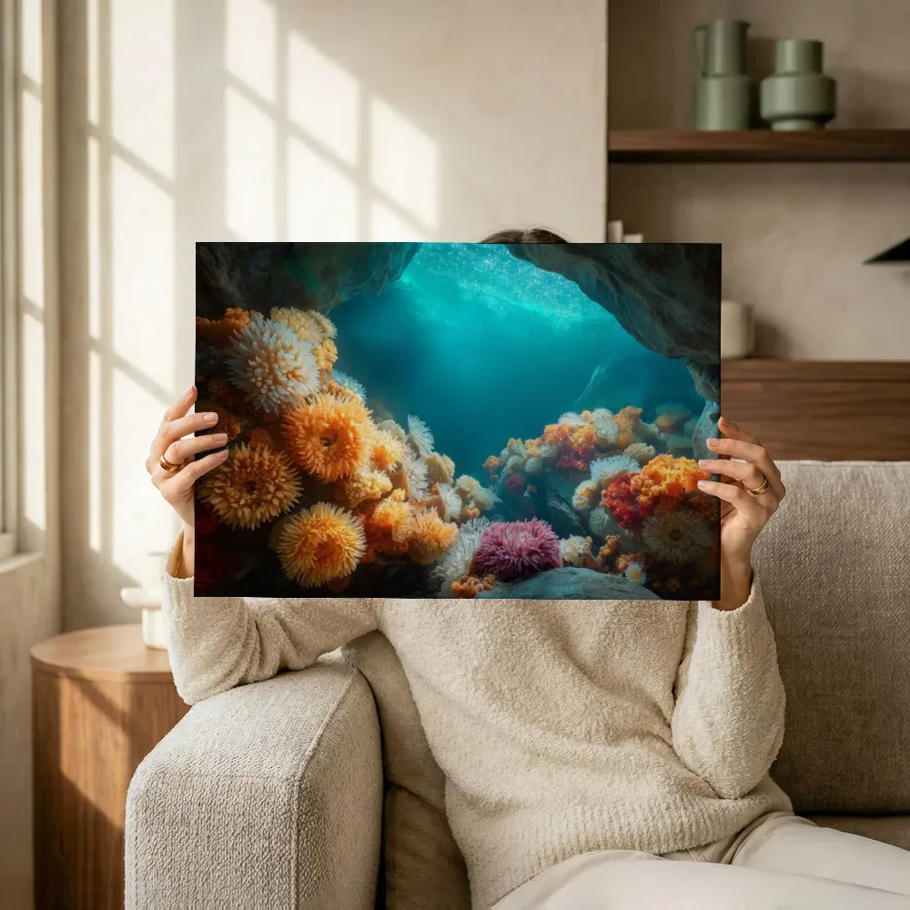 Sfeerimpressie: Zee-anemonen in de onderwatergrot terwijl het omhoog wordt gehouden