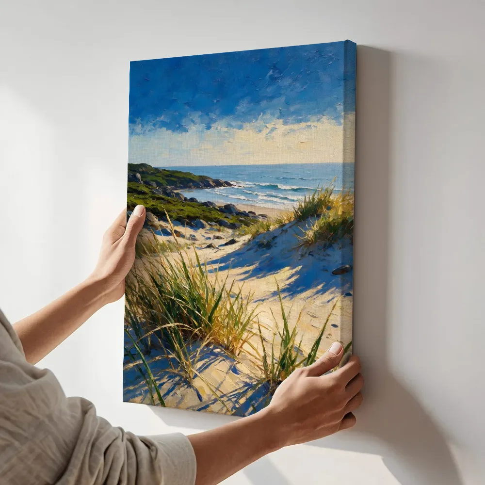 Sfeerimpressie: Zee vanaf de duinen in de poolzomer terwijl het aan de muur wordt gehangen