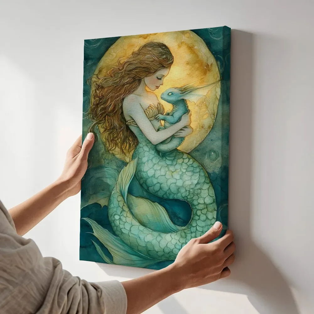 Sfeerimpressie: Zeemeermin met babydraak terwijl het aan de muur wordt gehangen