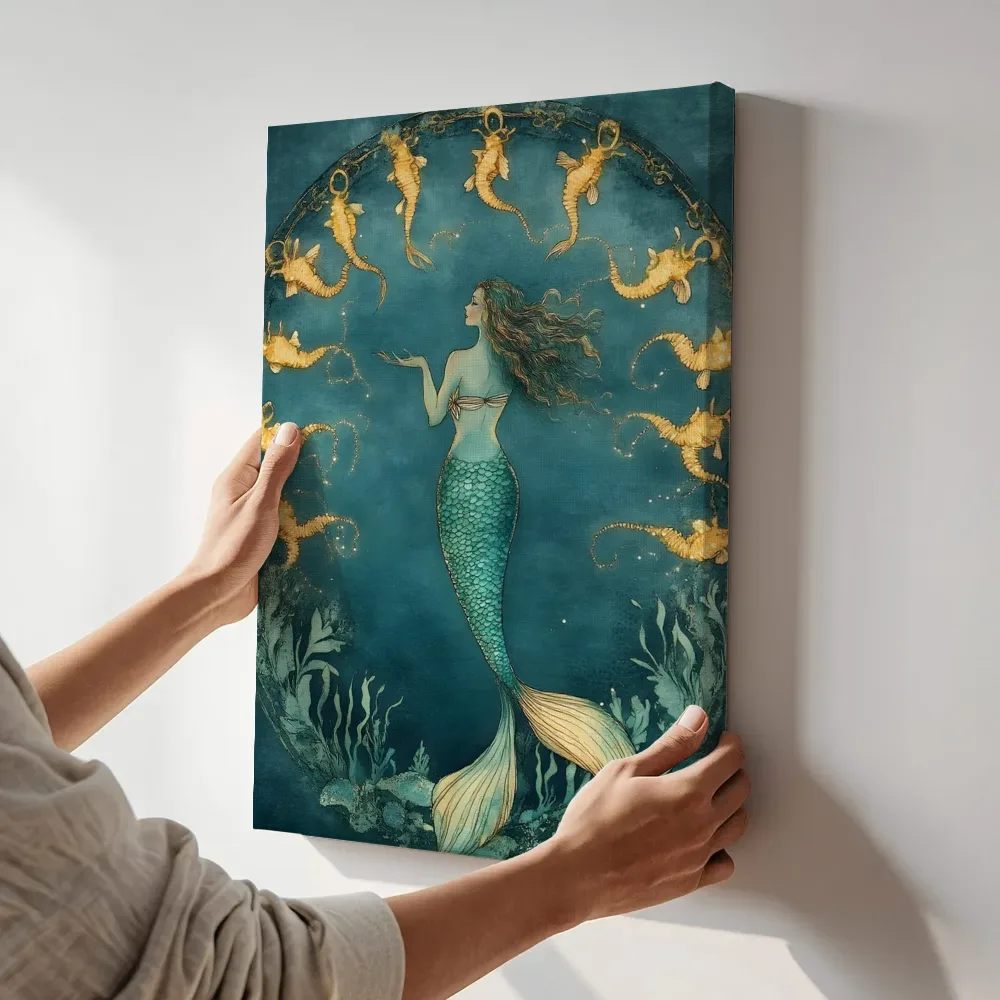 Sfeerimpressie: Zeemeermin met gouden zeepaardjes terwijl het aan de muur wordt gehangen