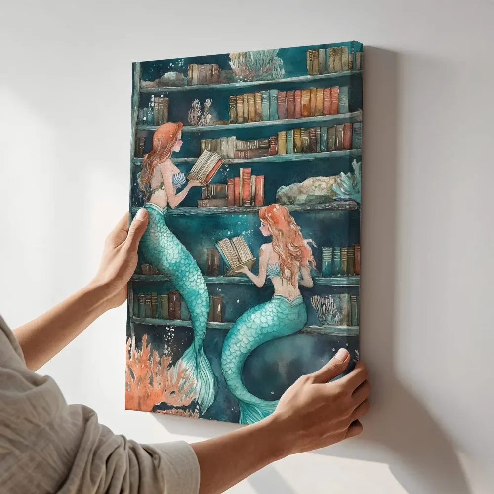 Sfeerimpressie: Zeemeerminnen in onderwaterbibliotheek terwijl het aan de muur wordt gehangen